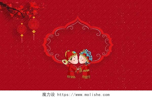 中式婚礼名片中国风红色背景中国风灯笼花朵中式人物背景素材